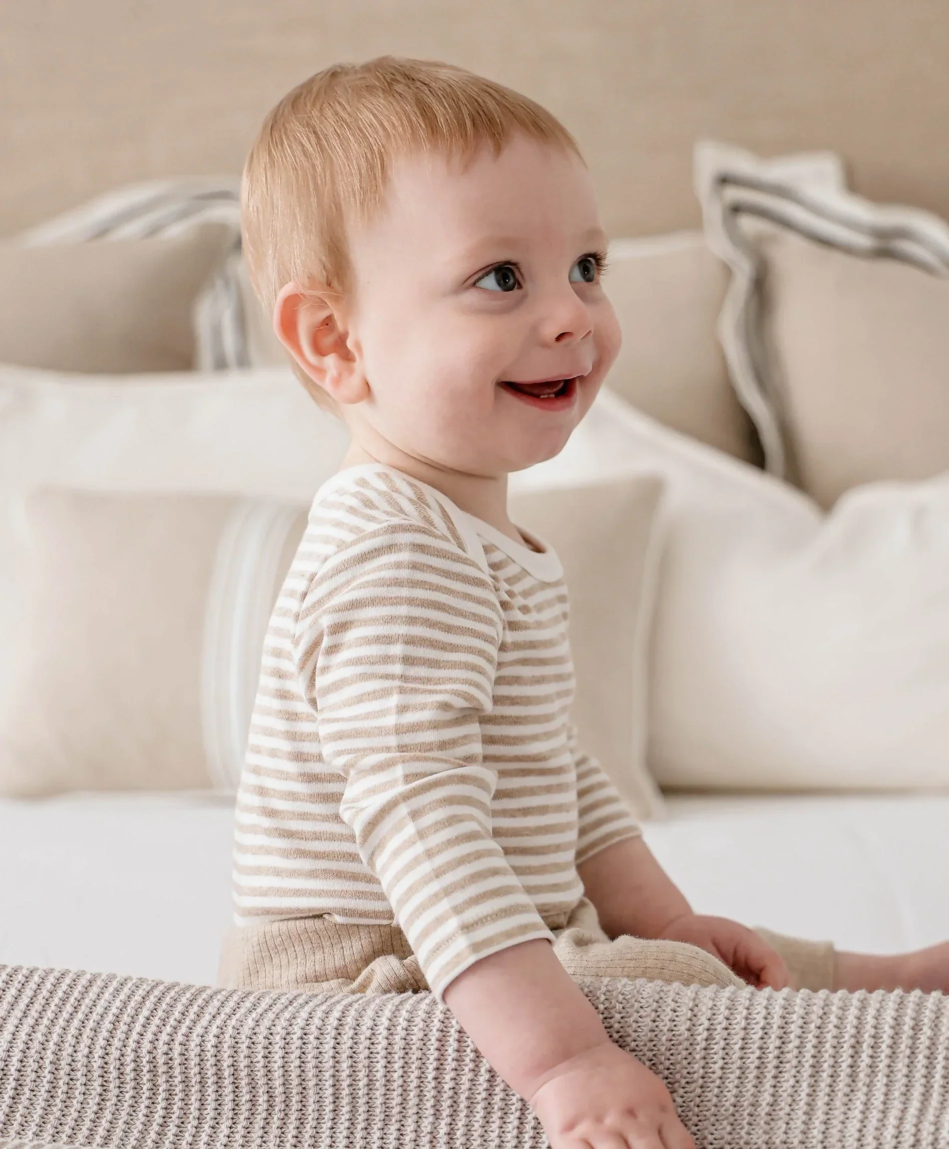 Organic Cotton Long Sleeve Bodysuit - Oat Stripes - Image 3