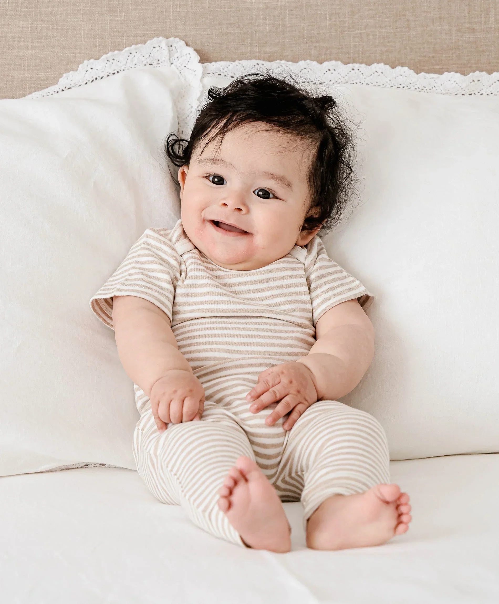 Organic Cotton Short Sleeve Bodysuit - Oat Stripes - Image 3