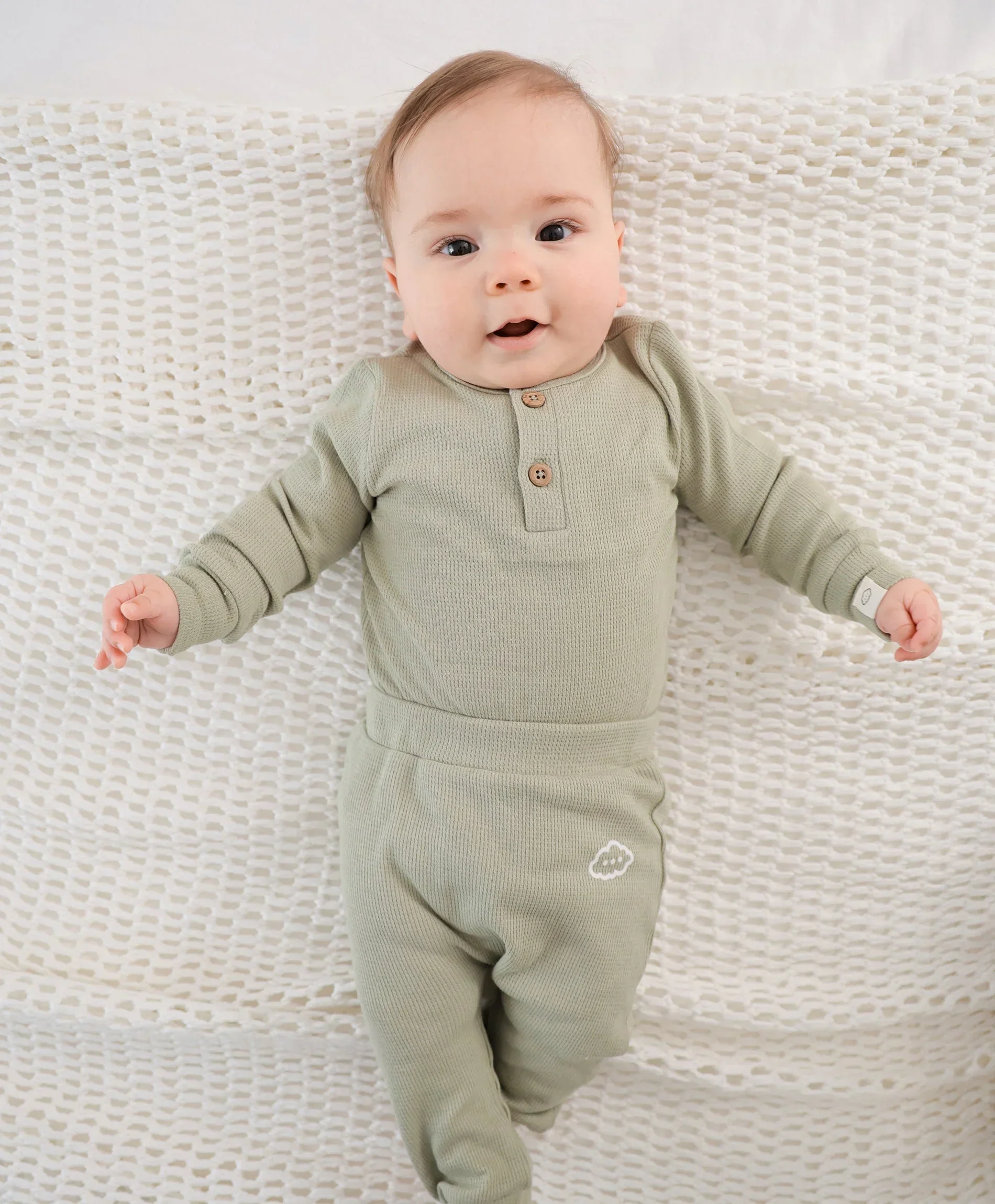 Organic Cotton Waffle Long Sleeve Bodysuit - Sage Green - Image 3