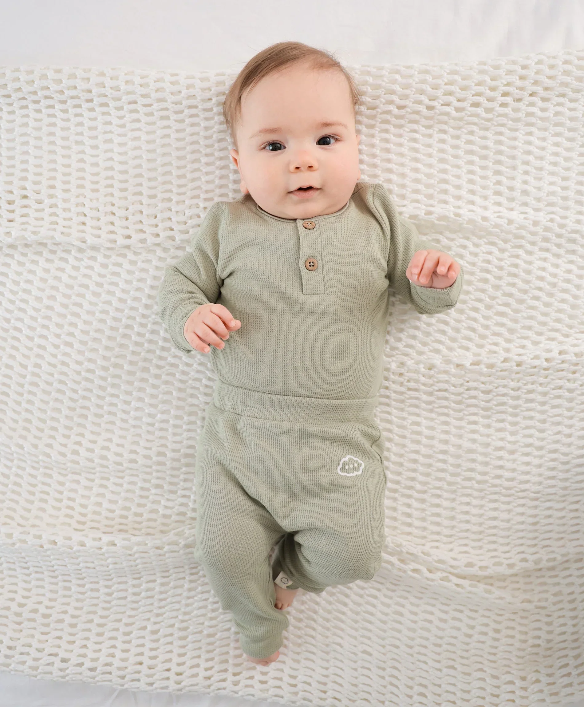 Organic Cotton Waffle Long Sleeve Bodysuit - Sage Green - Image 5